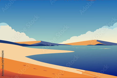Stylized minimalist landscape of a sandy beach meeting a calm blue lake with distant mountains under a clear sky with clouds