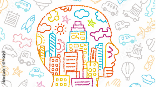 Cityscape inside a head outline surrounded by colorful drawings of objects on a white background design