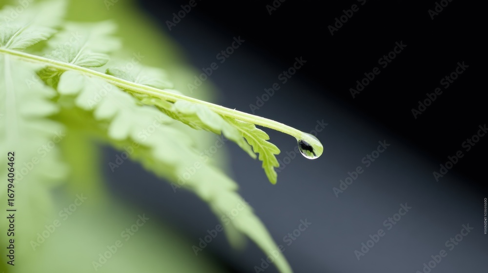 Fototapeta premium A delicate water bead glistens on a vivid green fern frond tip against a dark soft background