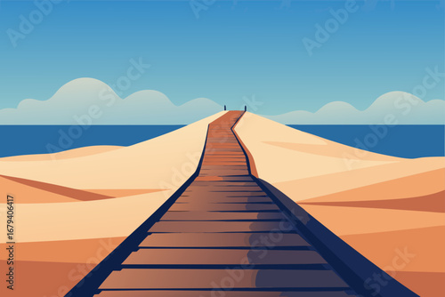 A wooden boardwalk leads over sand dunes to the blue ocean under a clear sky with soft clouds