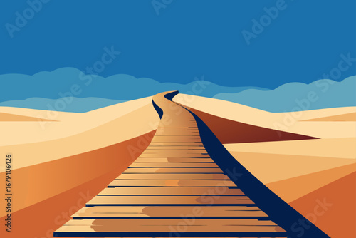 A wooden boardwalk winds through rolling sand dunes under a clear blue sky with stylized clouds