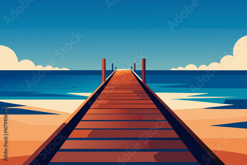 A vibrant stylized illustration of a wooden pier extending into a calm blue ocean under a clear sky with fluffy clouds