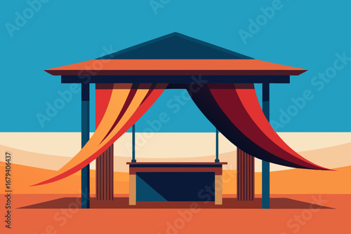 Stylized flat illustration of a desert oasis market stall with colorful draped fabric and a clear blue sky