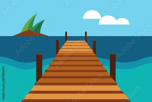 Wooden pier leading into the ocean with a small island and clouds in the background