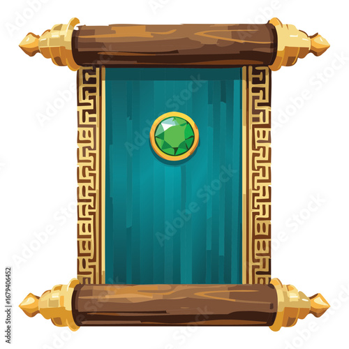 Ornate scroll banner with a large turquoise gem, a mythical and ancient banner for fantasy game user interfaces and applications