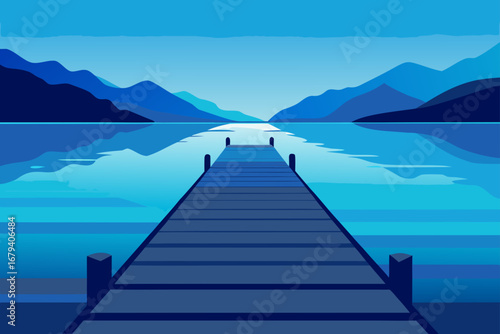 Serene blue landscape with a wooden pier extending into a calm lake with distant mountains under a clear sky