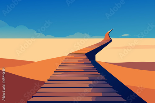 Abstract wooden boardwalk winding through stylized desert dunes under a clear blue sky with stylized clouds