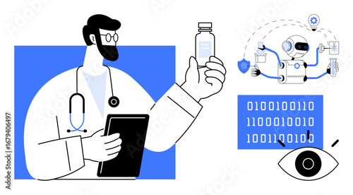 Doctor holding vaccine bottle alongside AI robot automated processes, digital code, security icons. Ideal for innovation, health tech, artificial intelligence, cybersecurity, futurism, data analysis