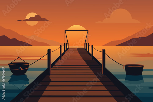 A serene wooden pier stretches towards the horizon during a vibrant sunset casting warm orange hues over the calm water and distant mountains