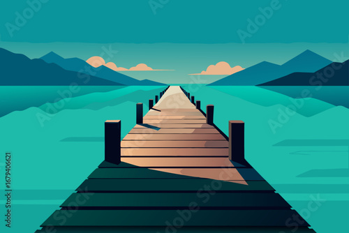 A long wooden pier extends across a tranquil turquoise lake towards distant blue mountains under a teal sky with soft orange clouds