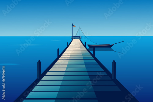 Serene blue ocean with a wooden pier leading to a small boat and a flag under a clear sky