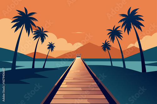 Tropical paradise with a wooden pier leading to the ocean surrounded by palm trees and mountains at sunset