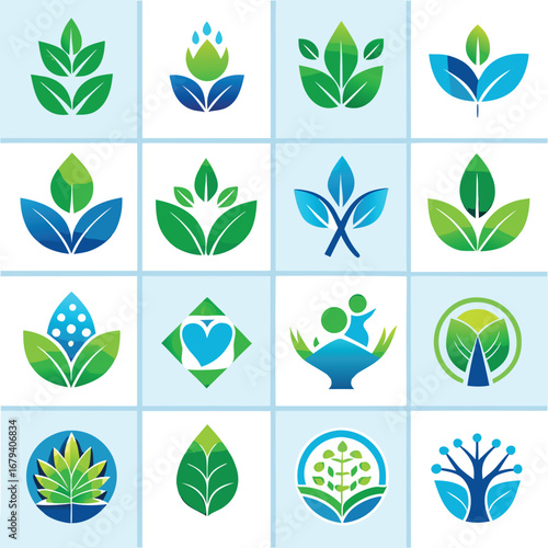 Collection of organic leaf logos and nature symbols in green and blue tones representing growth and sustainability