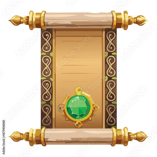 Old paper scroll on a decorative wooden banner a vintage gui element for fantasy and adventure games