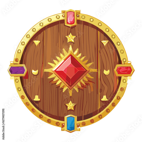 Ornate red gem on a wooden shield a decorative jewel badge for games and fantasy designs

