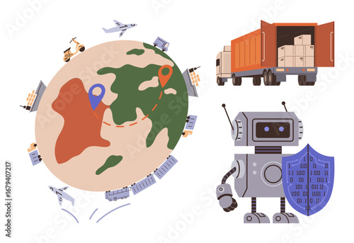 Earth with route pins, cargo vehicles, robot with shield icon representing cyber security. Ideal for logistics, shipping, AI integration, automation, global trade, cyber security supply chain