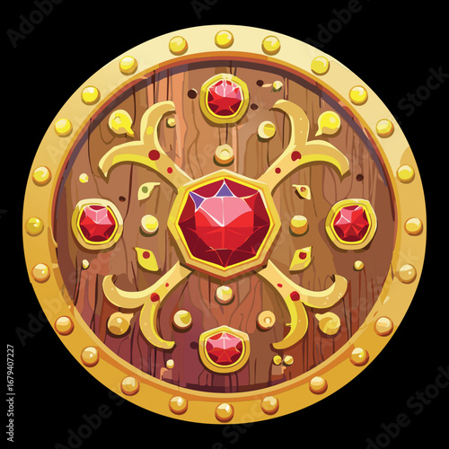 Ornate red gem on a dark shield a decorative jewel badge for games and fantasy designs