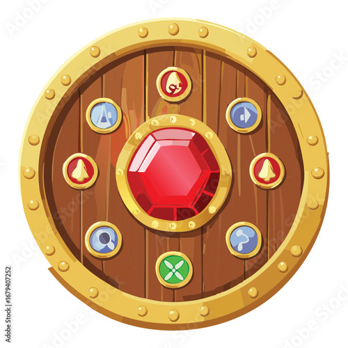 Ornate red gem on a golden shield a decorative jewel badge for games and fantasy designs