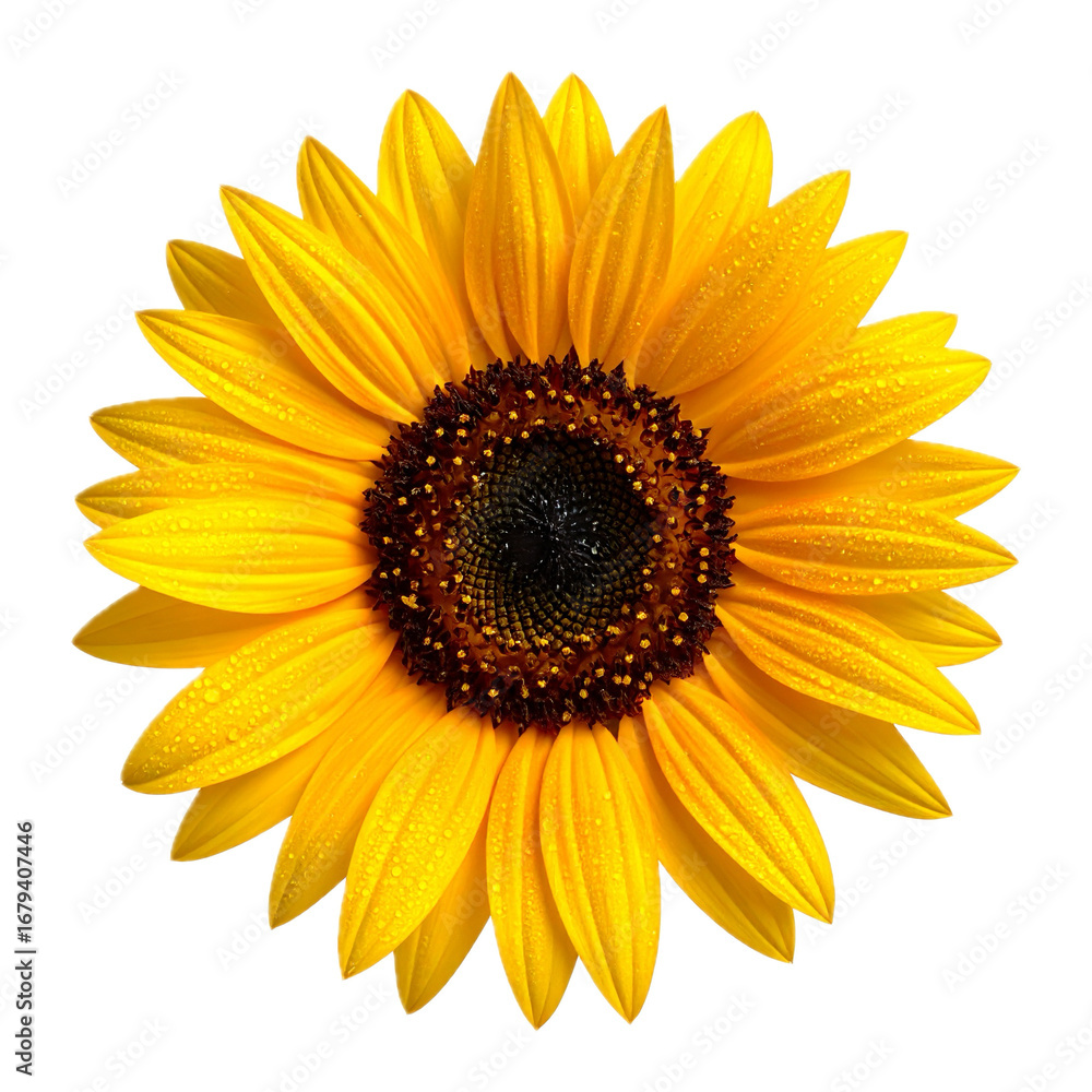 Fototapeta premium Sunflower with Dewdrops isolated on white