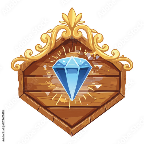 Shiny blue diamond on a wooden ornate badge a beautiful jewel icon for games and magic themed designs