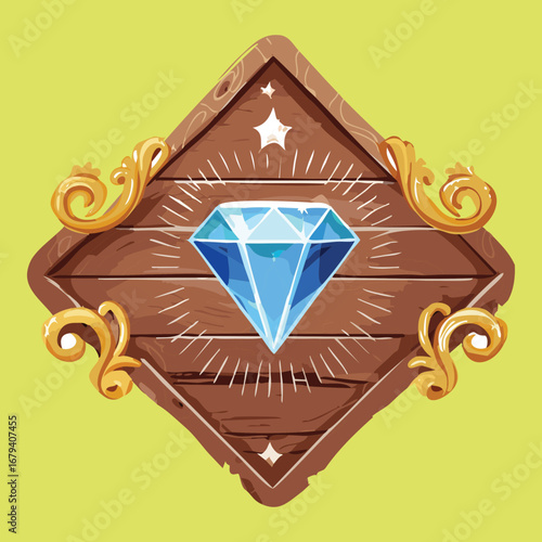 Shiny blue diamond on a diamond shape badge a beautiful jewel icon for games and magic themed designs