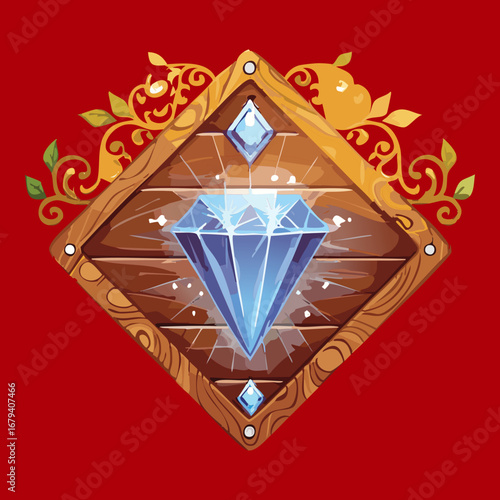 Shiny blue diamond on a red golden badge a beautiful jewel icon for games and magic themed designs