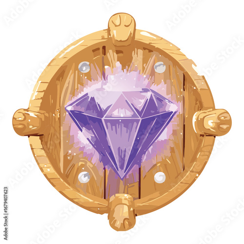 Shiny purple diamond on a rustic wooden badge a beautiful jewel icon for games and magic themed designs