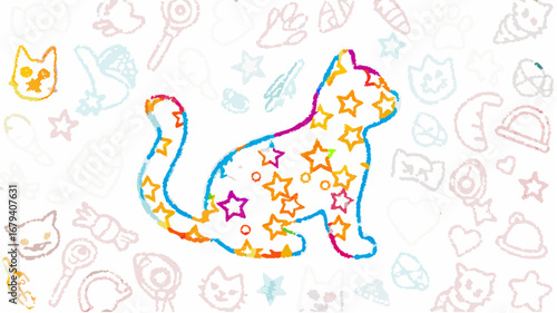 Colorful cat silhouette filled with stars surrounded by faint doodles on a white background image art