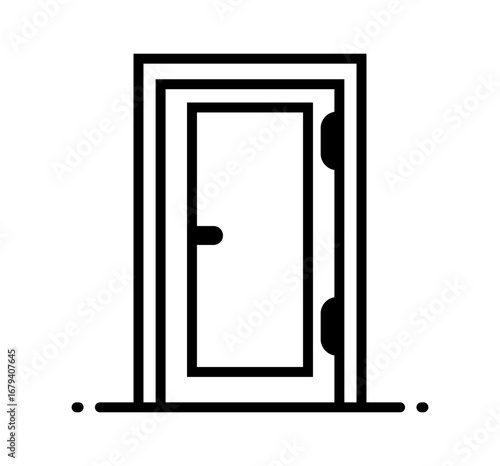 Simple black and white icon of an open door with a handle and frame