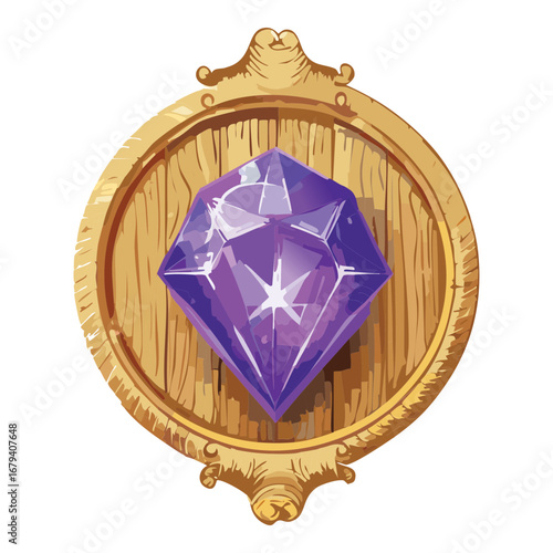 Shiny purple diamond on a round wooden badge a beautiful jewel icon for games and magic themed designs