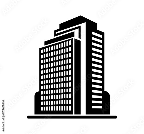 Modern black and white silhouette of a tall office building with multiple floors and windows, symbolizing corporate success and urban development