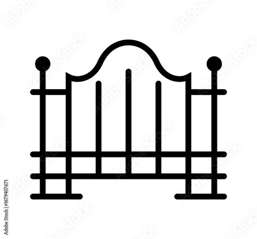 Simple black outline of a decorative gate with rounded top and vertical bars on a white background