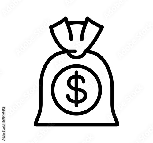 Stylized line art of a money bag with a dollar sign inside, symbolizing wealth, finance, and currency.