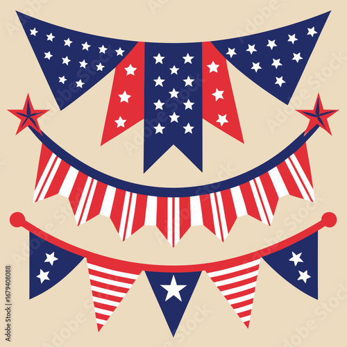 American patriotic bunting flags with stars and stripes on a beige background