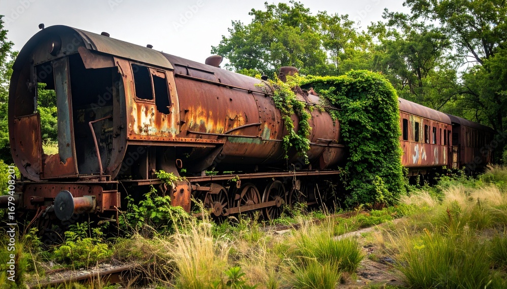 Obraz premium Tren clasico abandonado, corroído por el paso del tiempo y cubierto de óxido. Los vagones y la locomotora están parcialmente ocultos entre la maleza, con enredaderas, musgo...
