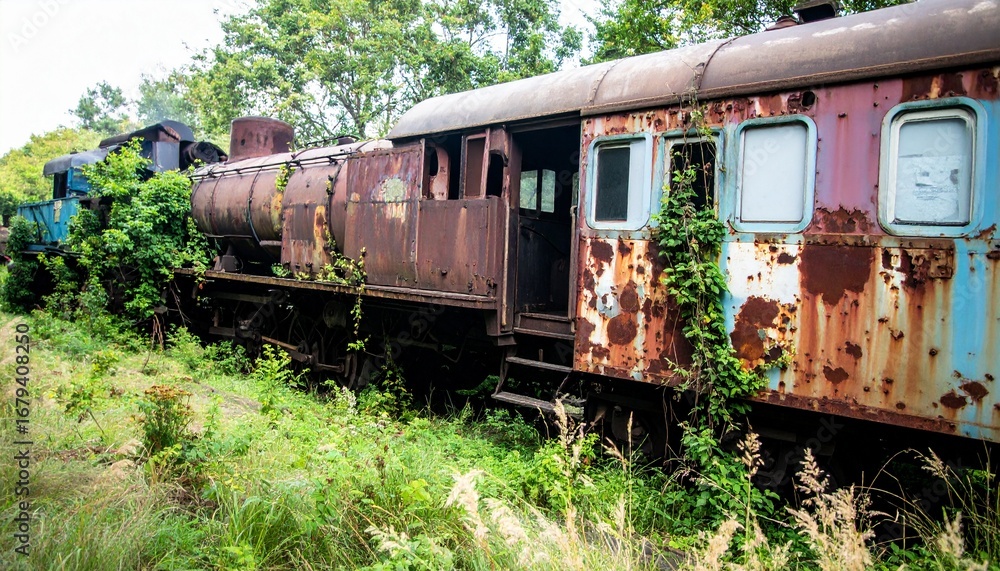 Obraz premium Tren clasico abandonado, corroído por el paso del tiempo y cubierto de óxido. Los vagones y la locomotora están parcialmente ocultos entre la maleza, con enredaderas, musgo...