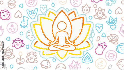 Person meditating inside a lotus flower surrounded by various doodle style drawings on a white background
