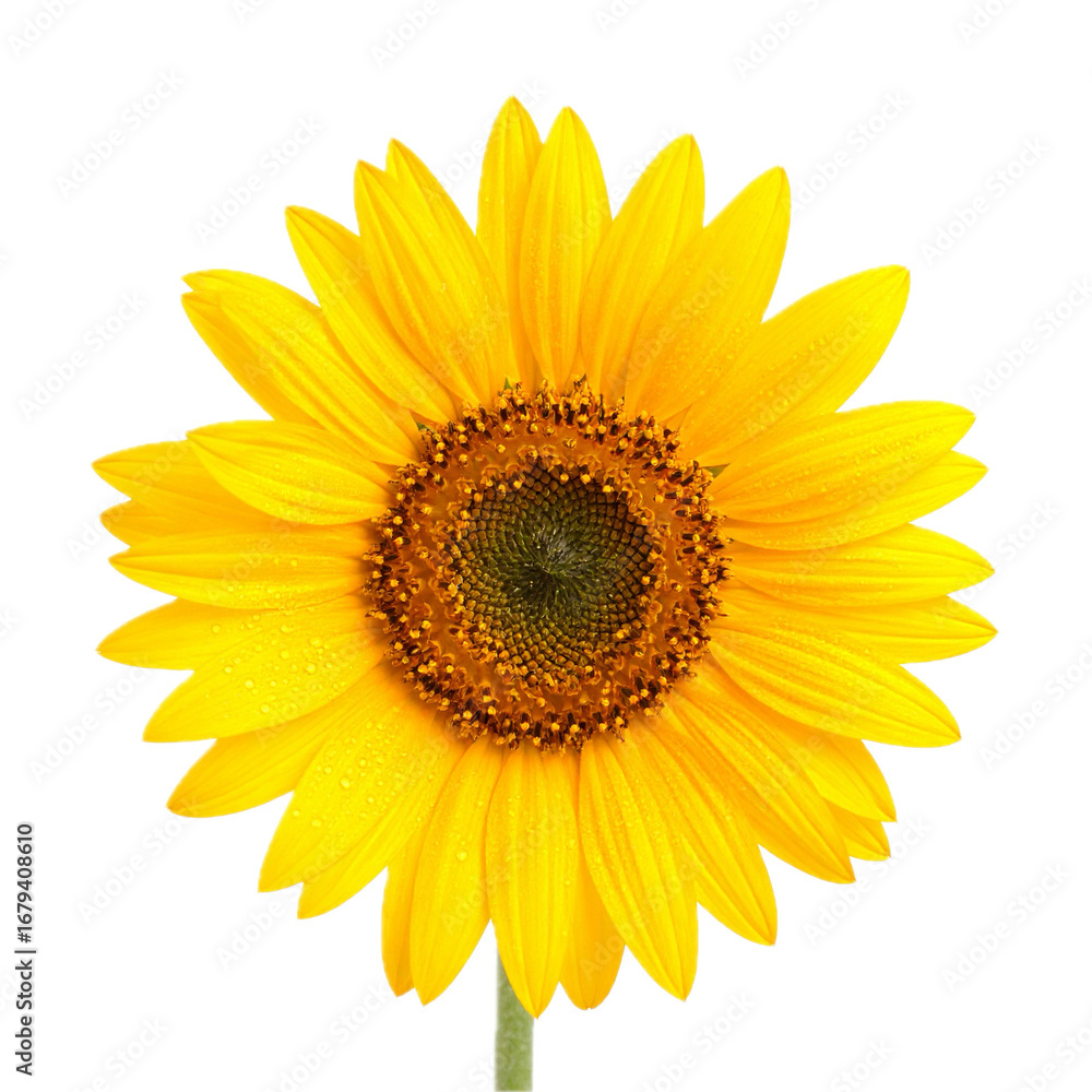 Fototapeta premium Sunflower with Dewdrops isolated on white