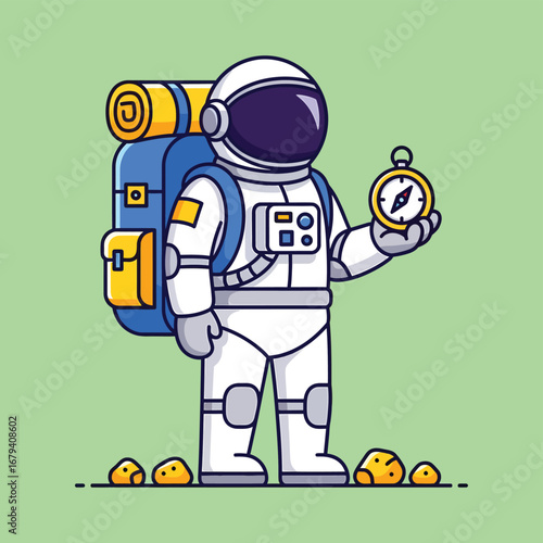 Astronaut explorer with backpack and compass ready for cosmic journey into the unknown