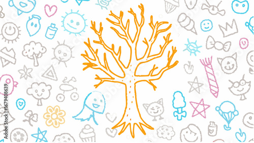 An orange tree without leaves stands out against a background of childlike drawings and pastel colors