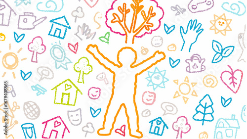 Illustration depicting a person with arms raised surrounded by nature and home doodles art style