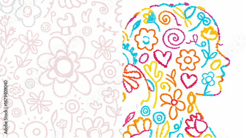 Colorful floral patterns form a human head silhouette next to a background of faded flower doodles