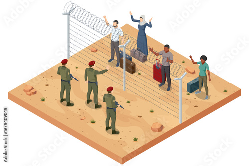 Isometric scene of migrants behind barbed wire fence stopped by armed border guards. Concept of refugee crisis, illegal migration, and frontier security
