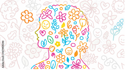 Silhouette of a head filled with colorful flowers leaves and hearts on a floral background illustration