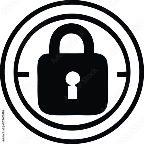 Black lock icon symbol inside concentric circles and crosshairs graphic for security and protection concepts