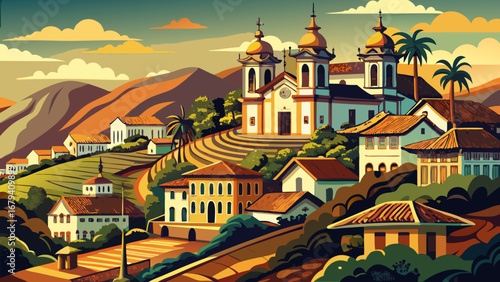 Ouro Preto, Brazil, spills down steep hills with baroque churches, soapstone details, colonial townhouses. Late-afternoon amber, distant blue ridges; semi-realistic flat vector stressing curvature, ti