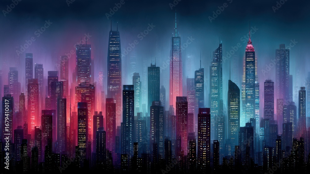 Fototapeta premium Neon city skyline at night