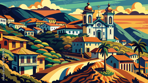 Ouro Preto, Brazil, spills down steep hills with baroque churches, soapstone details, colonial townhouses. Late-afternoon amber, distant blue ridges; semi-realistic flat vector stressing curvature, 