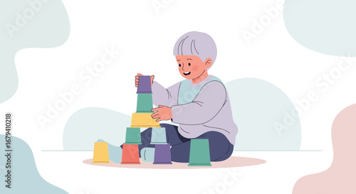 Playful Toddler Constructing Tower With Colorful Cups During Playtime Recreation