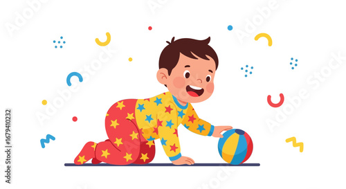 Playful Toddler Crawling Towards a Ball, Joyful Illustration in Vibrant Colors